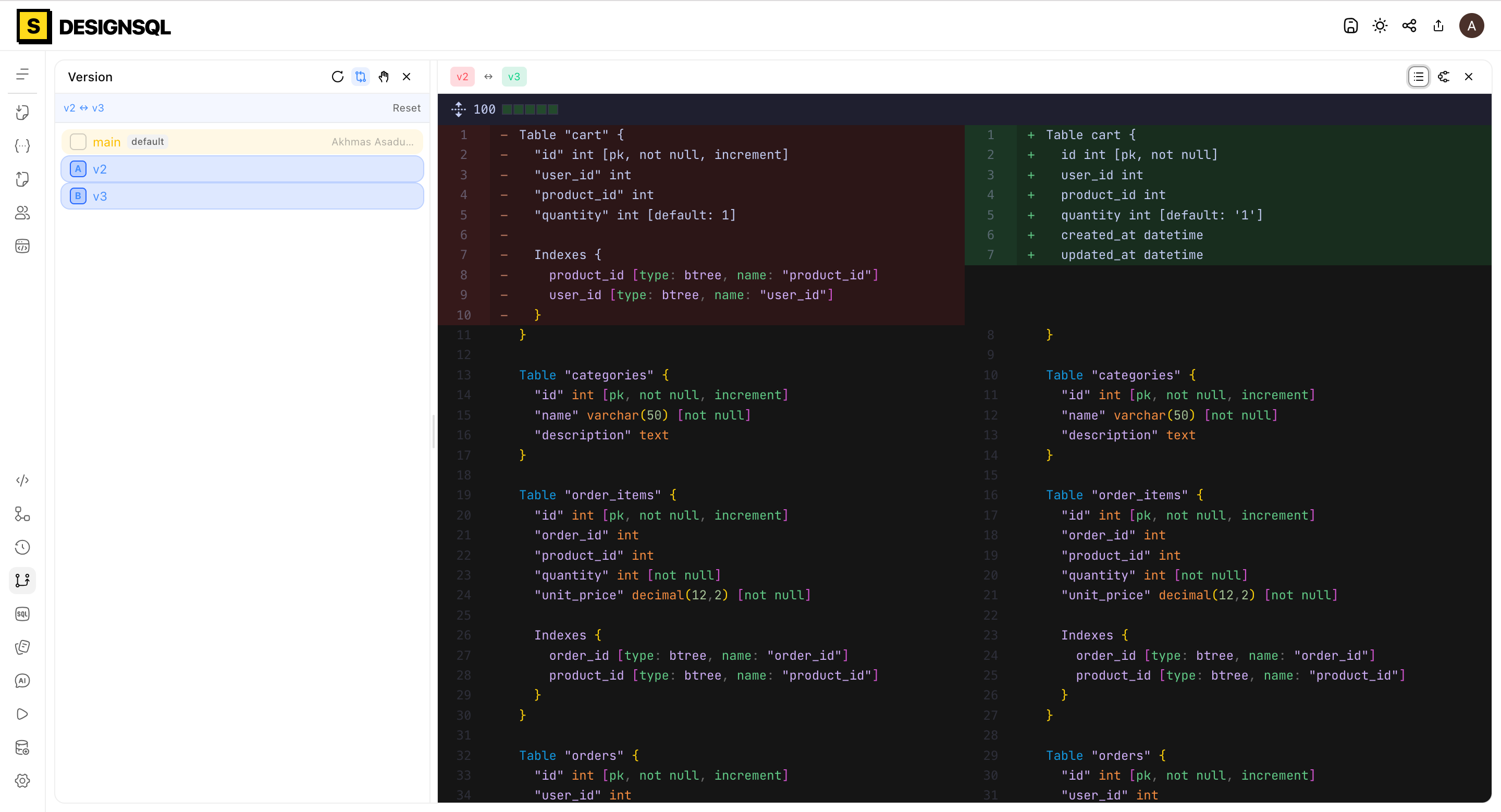Versions & Change History — DesignSQL database schema design feature